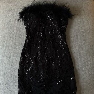 Windsor Black Strapless Sequin Feather-Trim Mini Dress